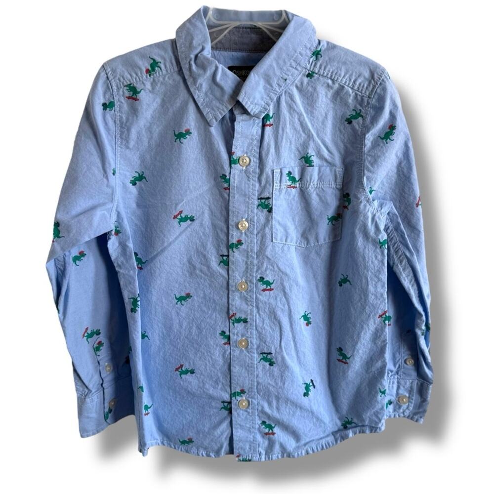 OshKosh B'gosh Blue and Green Casual Button Down Shirt Skateboarding Dinosaurs 7